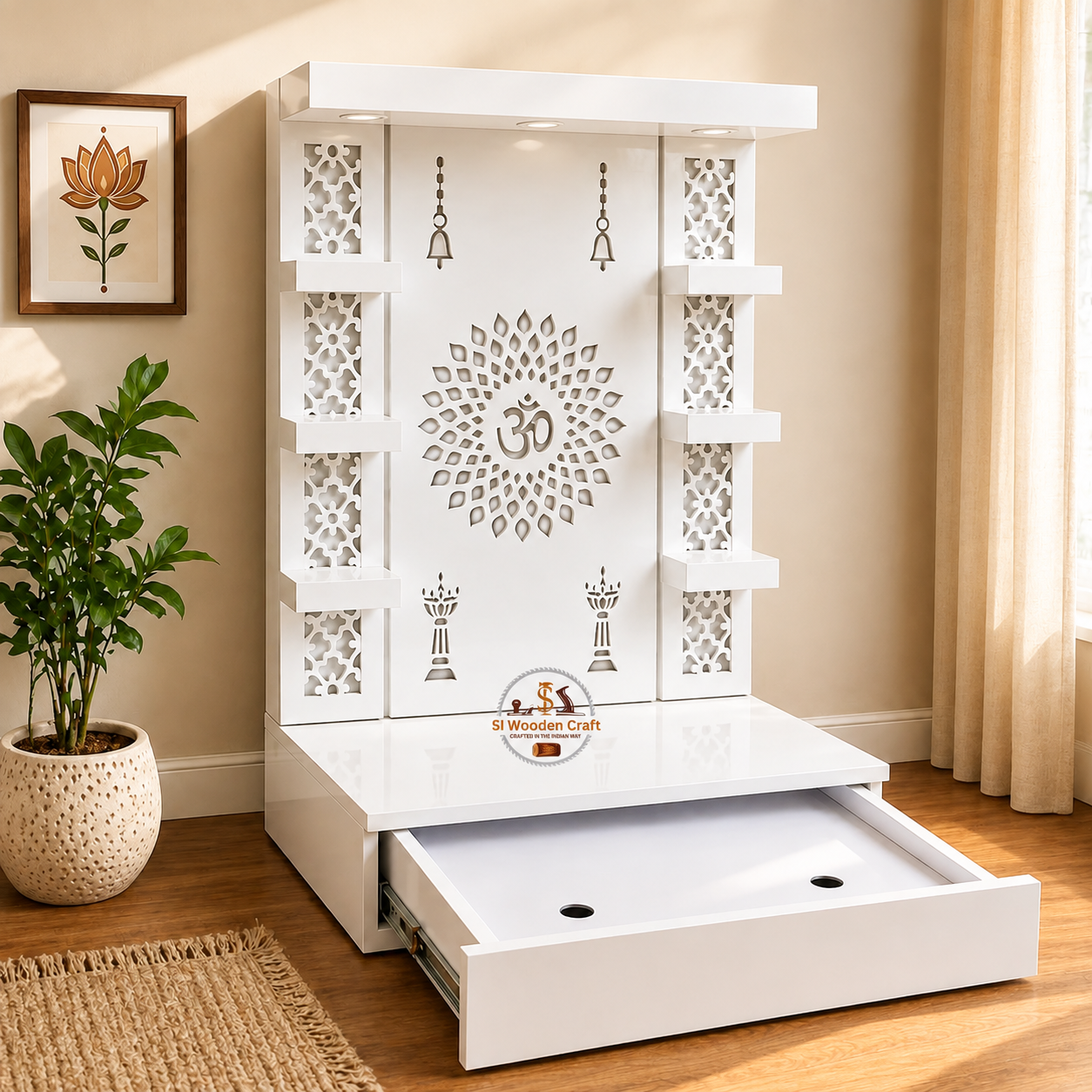 Wooden Temple With LED Light Pooja Mandir For Home - Image 3